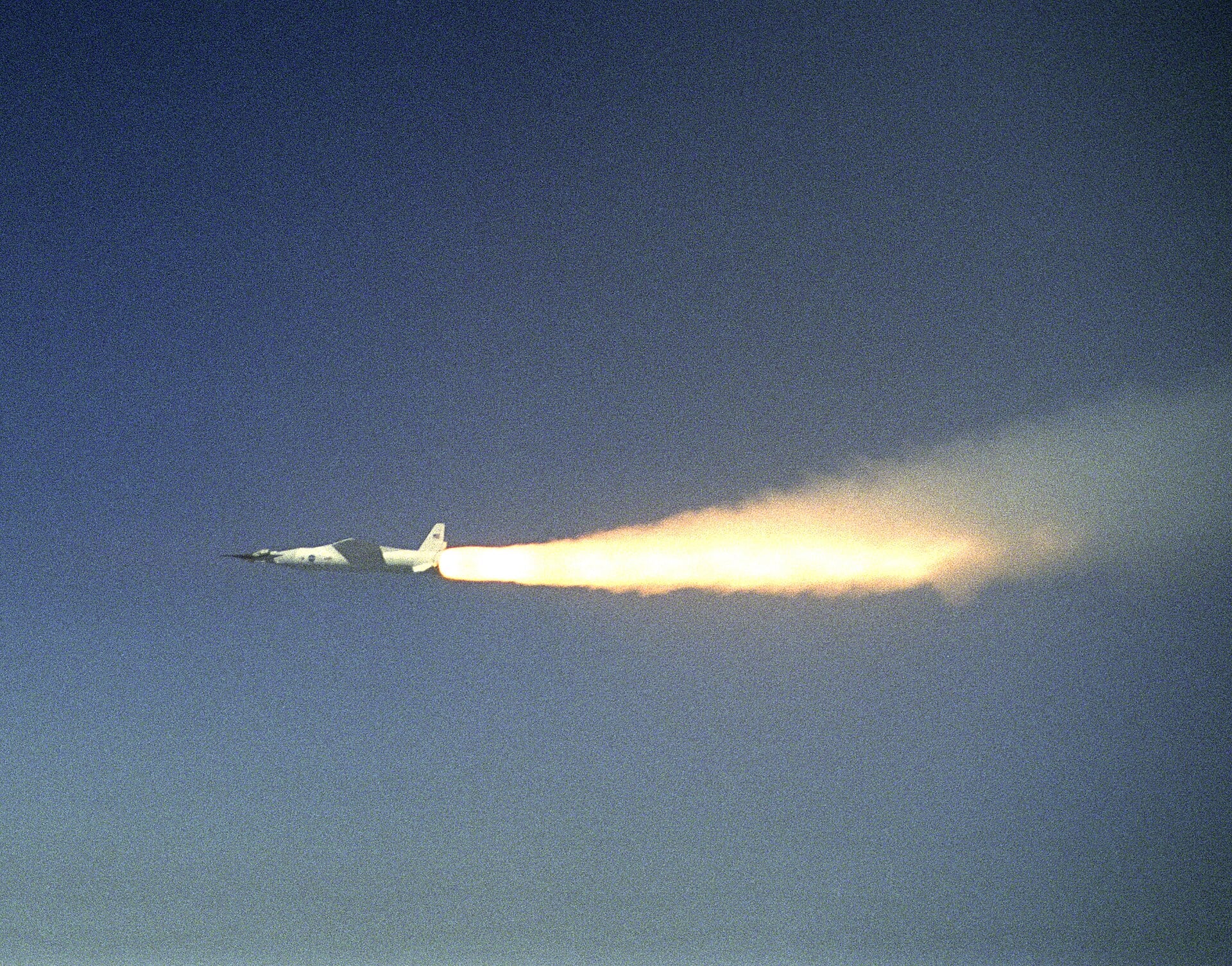 Pegasus booster ignites after release from the B-52B, carrying the X-43A