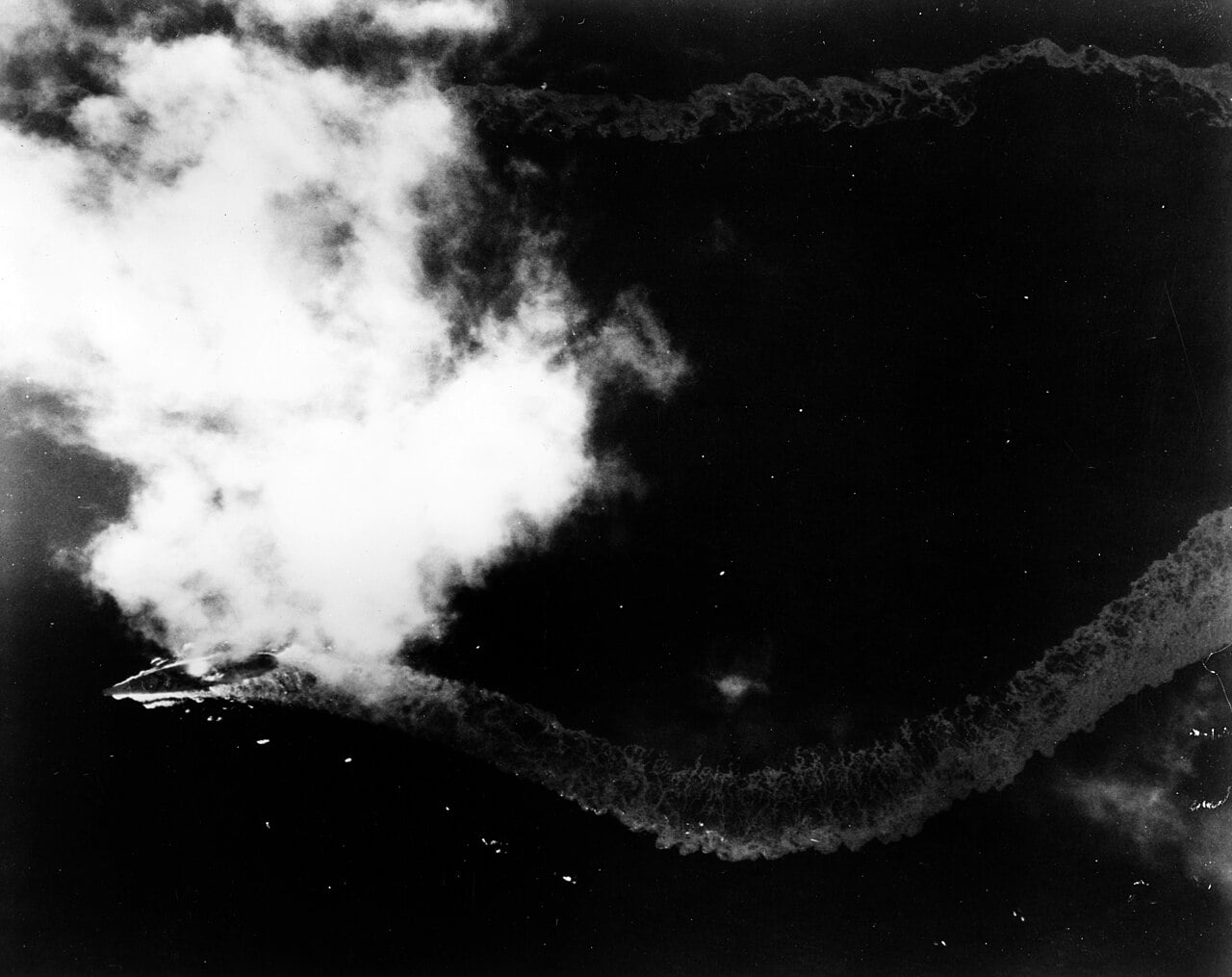 The Japanese battleship Yamato manoeuvring under attack by US Navy carrier aircraft on 7 April 1945