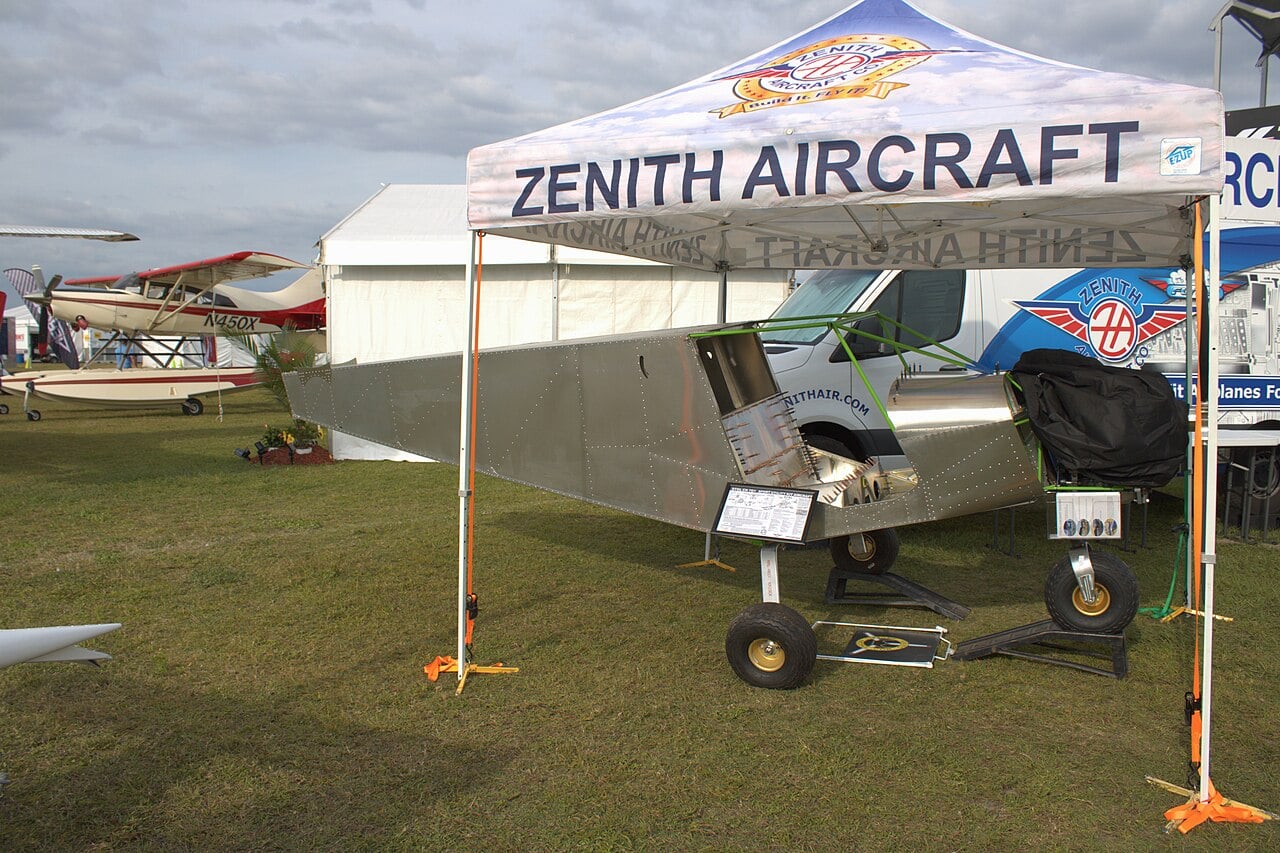 An unfinished bare-metal Zenith STOL CH 701 airframe on display at Sun n Fun 2024