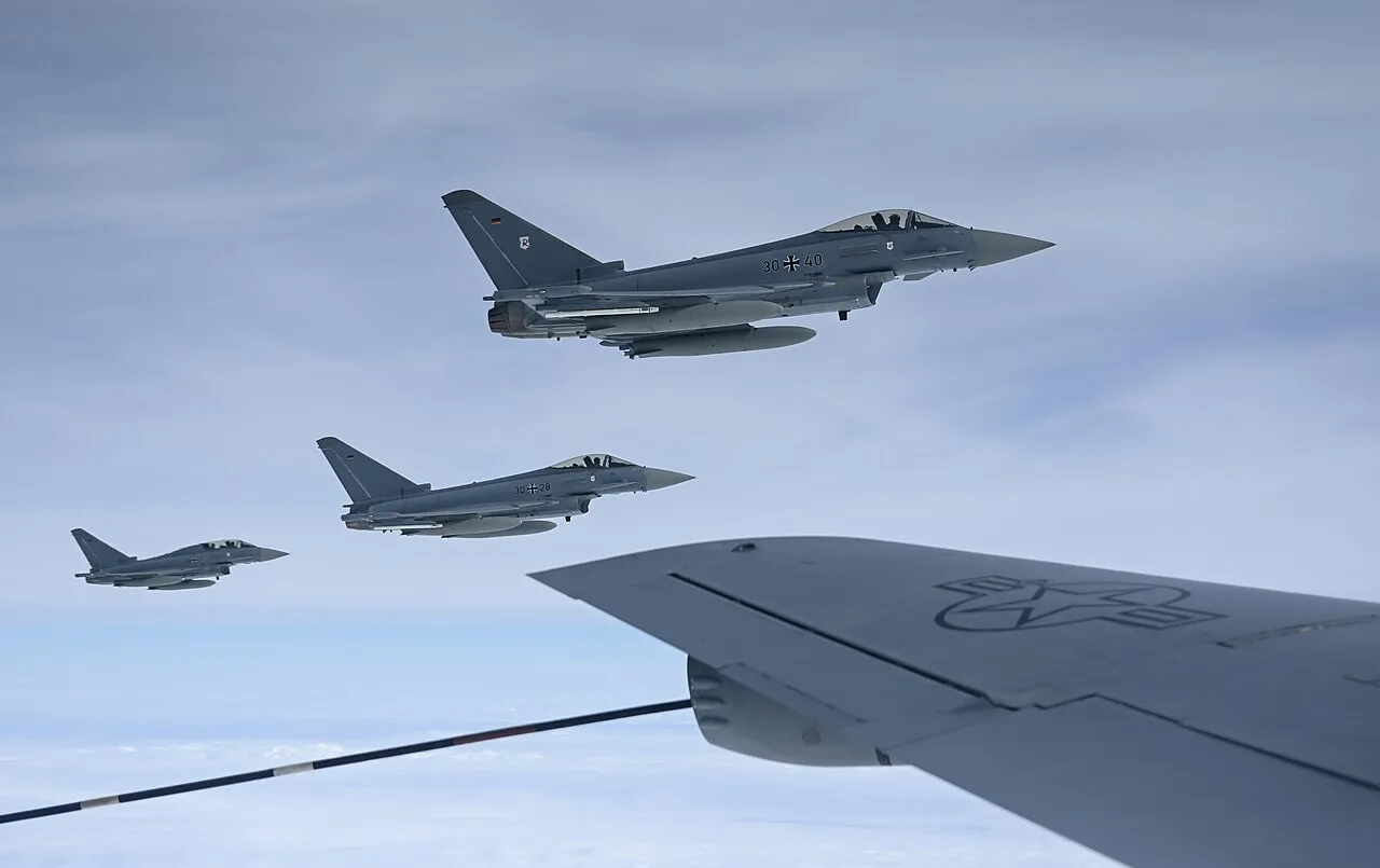 German Air Force Eurofighter Typhoons of Tactical Air Wing 71 “Richthofen” wait to refuel over Germany in March 2021. Airbus, BAE Systems and Leonardo already build the Typhoon together; a German move into GCAP would reunite much of that team. U.S. Air Force