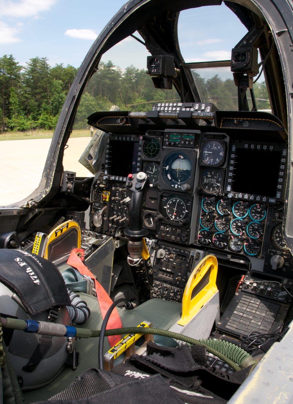 The digital glass cockpit of an upgraded A-10C Thunderbolt II.