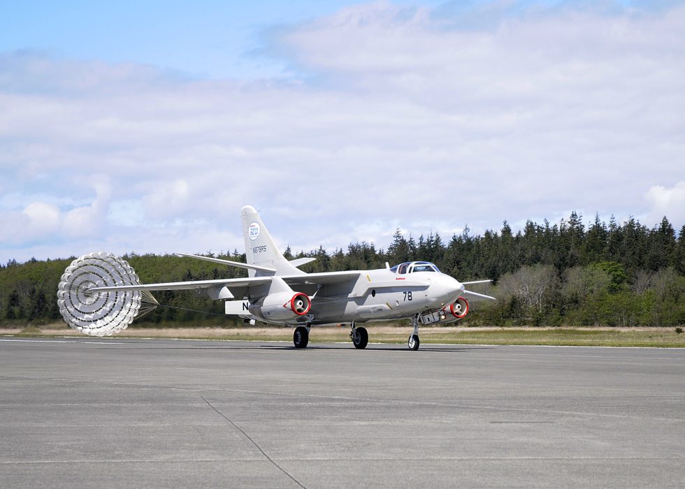A preserved A-3 deploys its drag chute on landing at NAS Whidbey Island, 2011  a surviving Whale still moving under its own power.