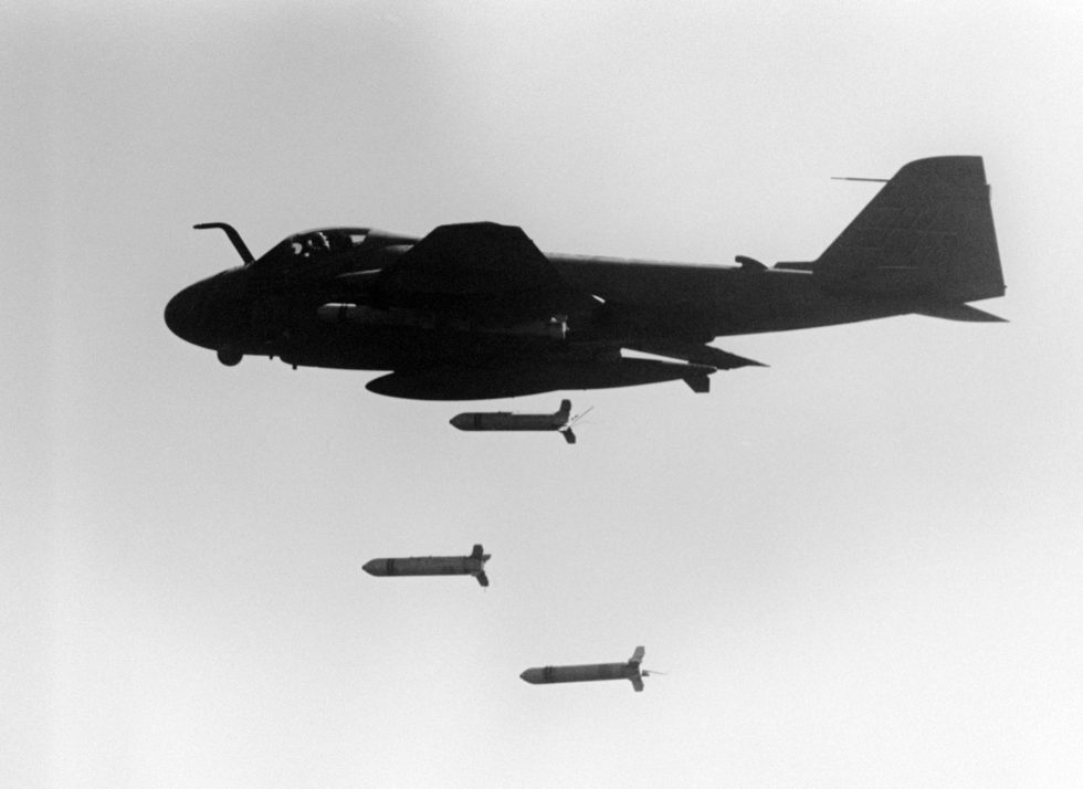 An A-6E Intruder loaded with ordnance during Operation Praying Mantis, 1988.