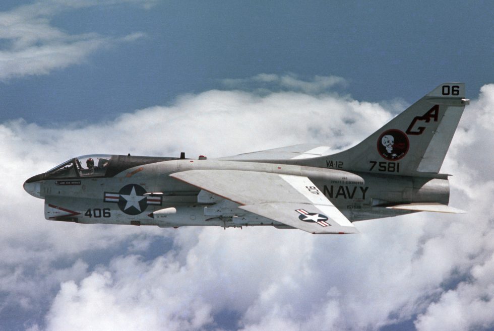 An A-7E of VA-12 cruising in flight, circa 1979.