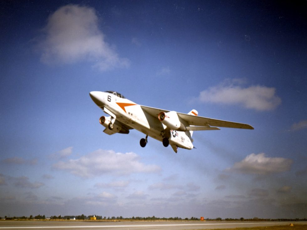 An A3D-1 of VAH-1 on takeoff, underside filling the frame  the mammoth scale that earned the Whale nickname.