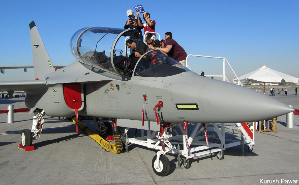 An Aermacchi M-346 Master up close  the shoulder-mounted vortex-lift wing and leading-edge root extensions give the high angle-of-attack handling that mimics a front-line fighter.