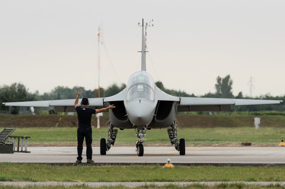 An Italian Air Force T-346A with a ground marshaller  Italy flies the type as the T-346A and hosts the International Flight Training School.