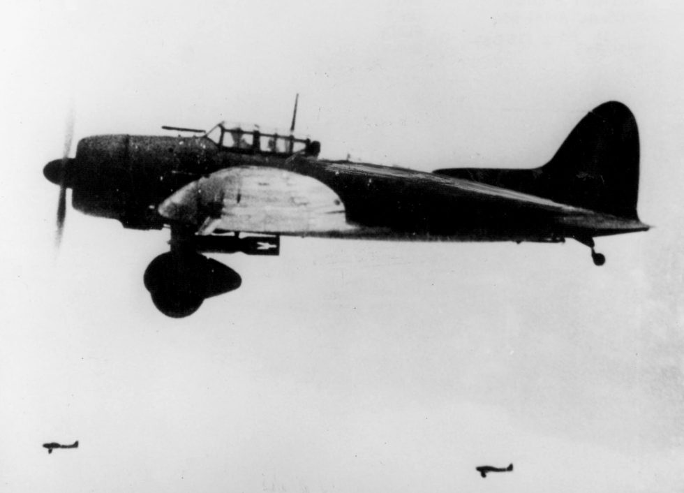 Aichi D3A Val dive bombers in flight the Imperial Japanese Navys principal dive bomber of 194142.