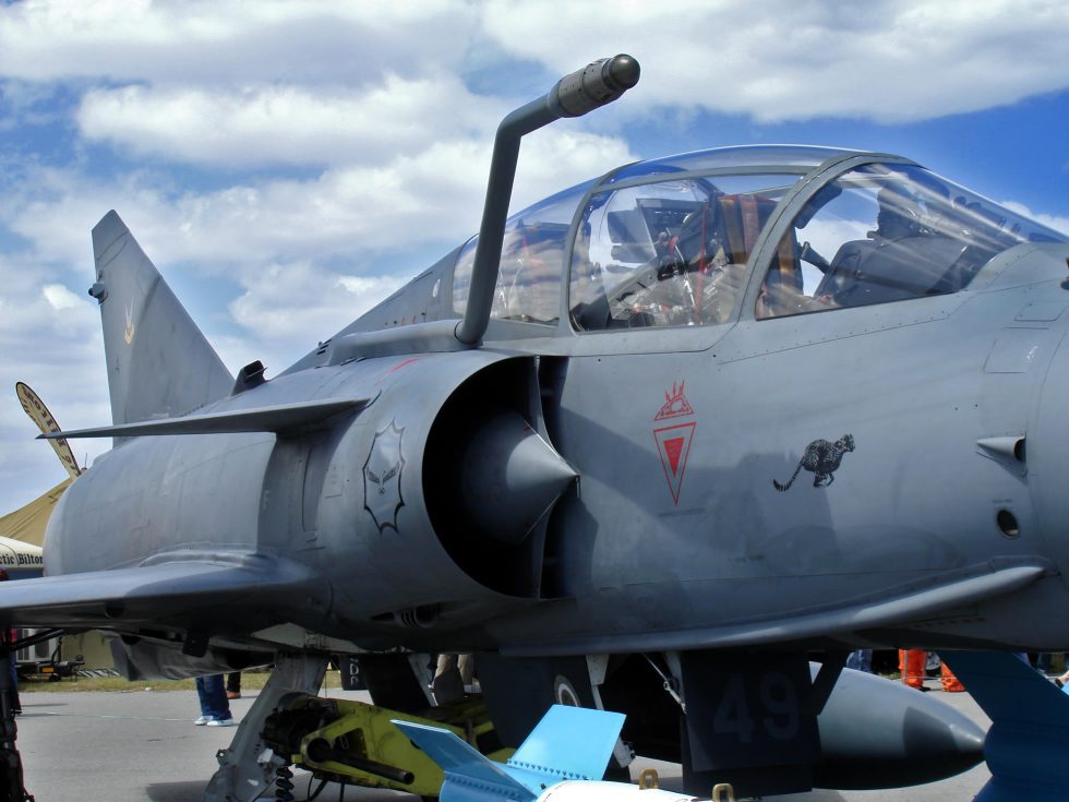 Nose, canard foreplane and intake detail of a two-seat Cheetah D  the Kfir-derived aerodynamics up close.