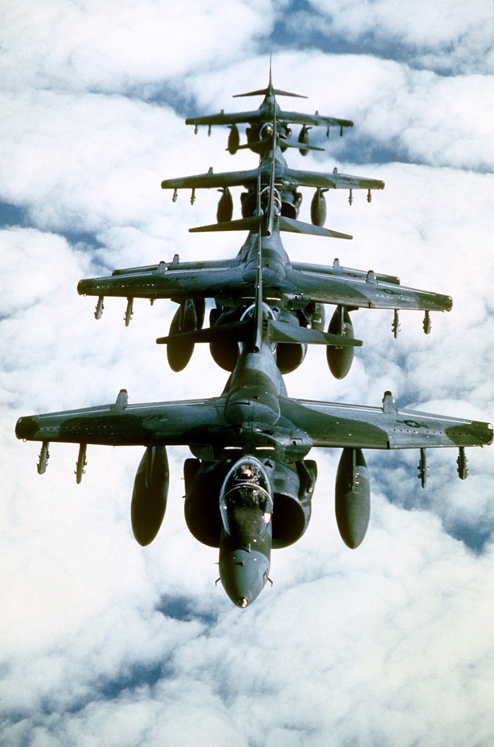 A formation of US Marine Corps AV-8B Harriers of squadron VMA-513.