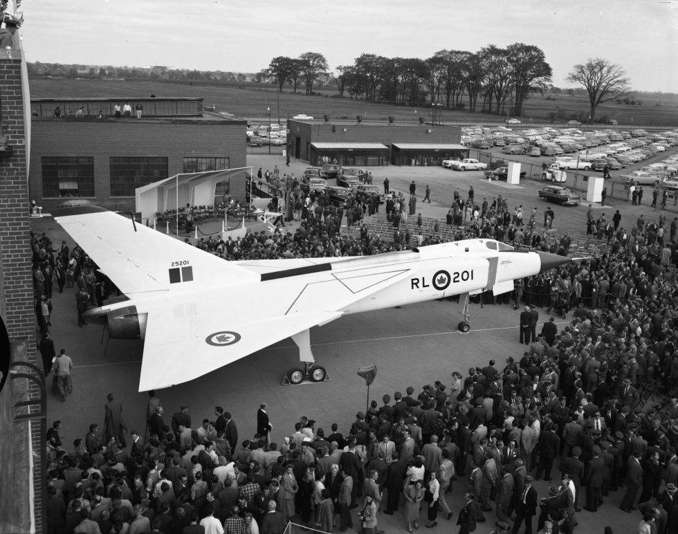 The public unveiling of the CF-105 at Malton Airport in 1957.