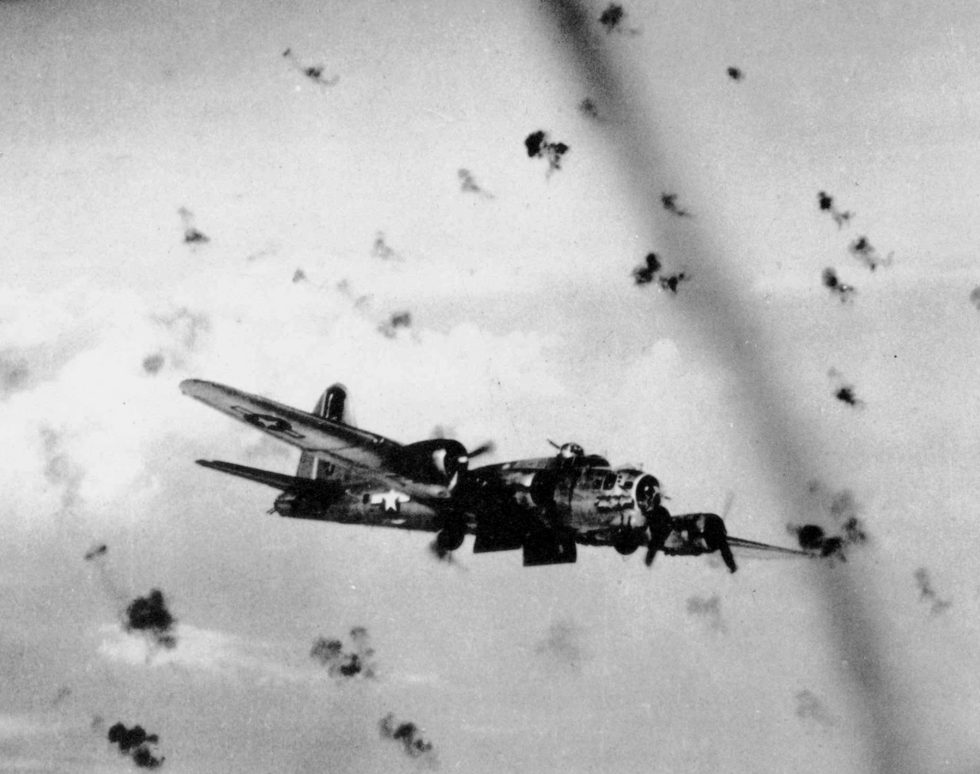A Fortress presses through anti-aircraft flak over the target the daily reality of the bombing war.