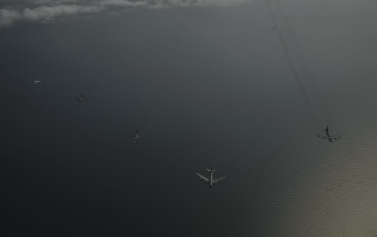 B-1B Lancers on a Bomber Task Force mission over the Baltic with allied fighters.