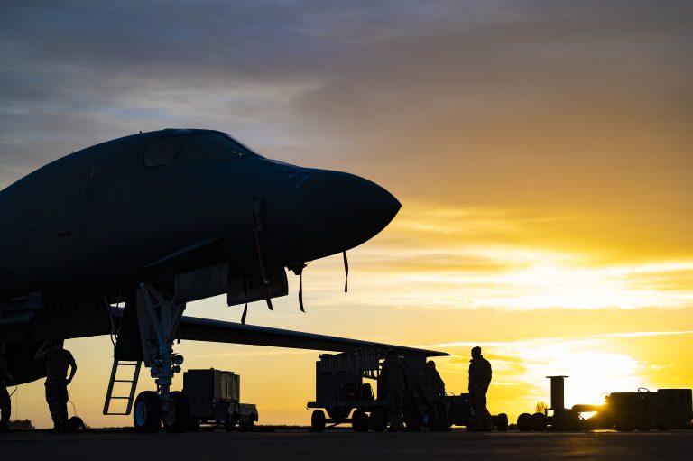 A B-1B at sunset during maintenance the fleet is ageing toward retirement.