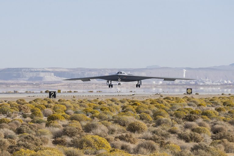 B-21 Raider on approach to land at Edwards Air Force Base