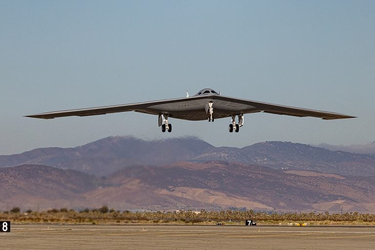 B-21 Raider taking off with landing gear down at Edwards Air Force Base