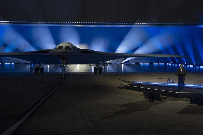 Defense Secretary Lloyd Austin speaking at the B-21 Raider unveiling