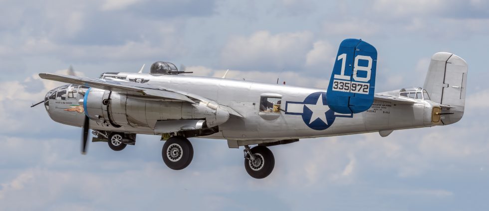 A preserved B-25J Mitchell one of about thirty still airworthy on the warbird circuit.