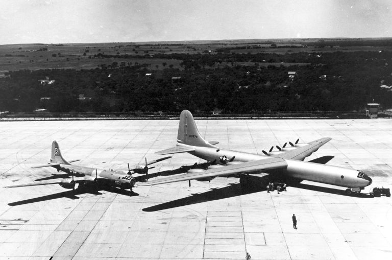 The B-36 towering over a Boeing B-29 Superfortress a giant beside a giant.
