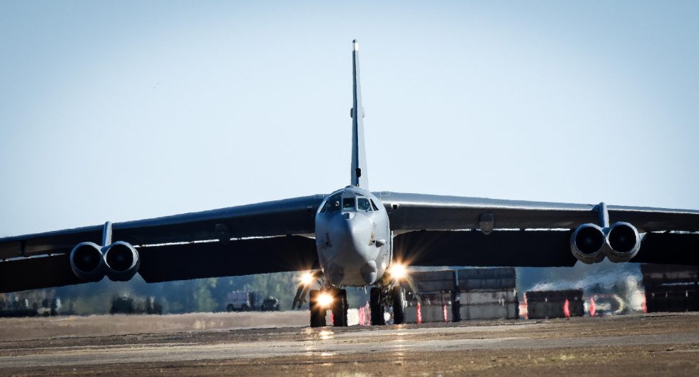 A B-52H taxiing at Barksdale AFB the sheer scale and all four twin-engine pods on show.