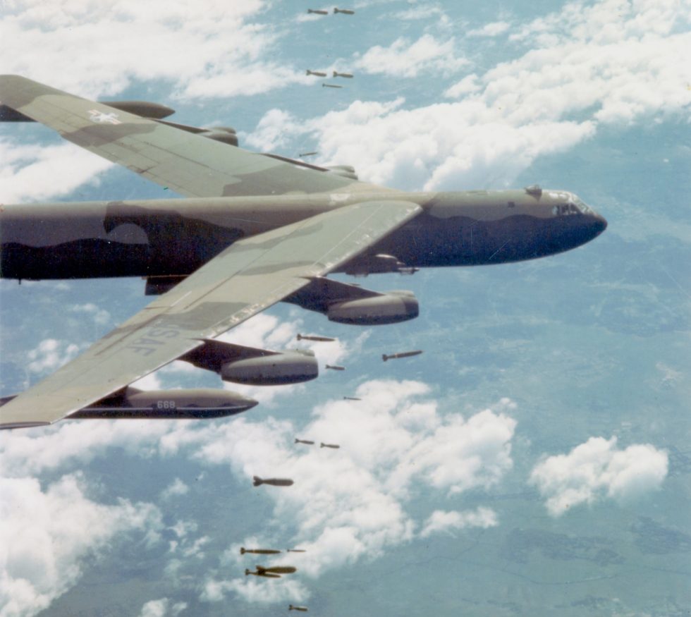 A camouflaged B-52D bombing over Vietnam the Big Belly workhorse of Arc Light.
