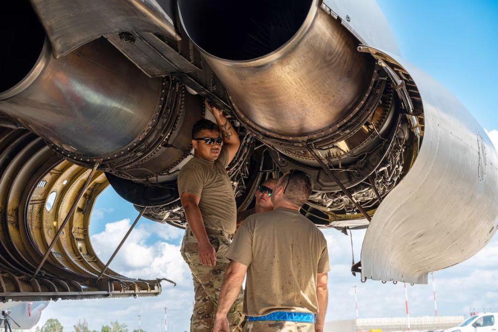 A close look at a B-52H engine pod two of the eight TF33s soon to be replaced by F130s.