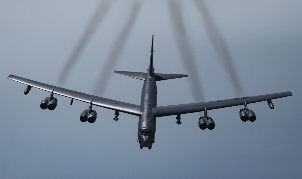 A B-52H banking over the Persian Gulf the eight-engined bomber still on frontline duty.