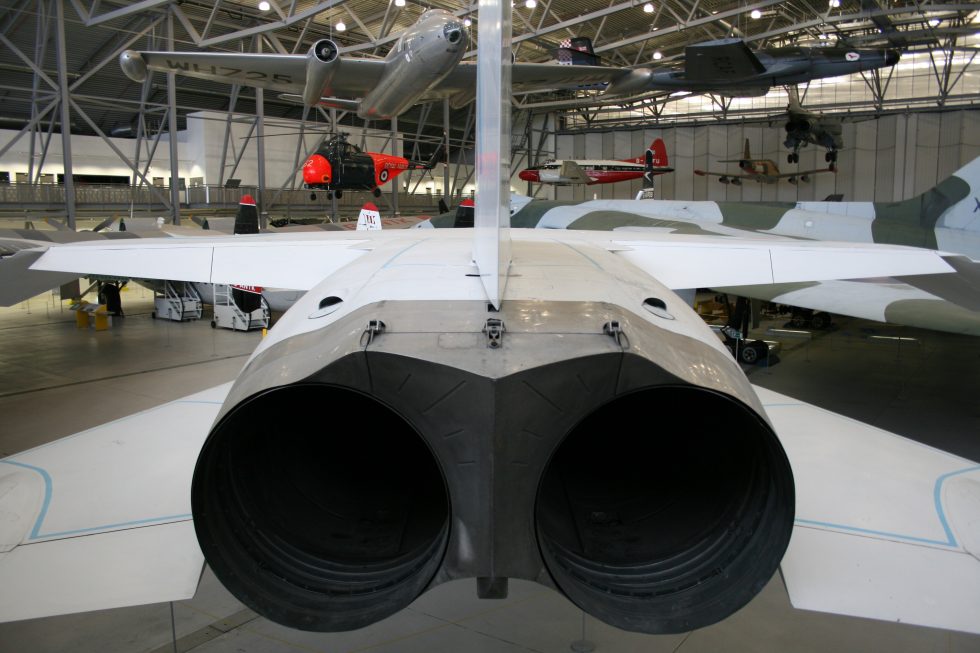 The twin reheat nozzles of the Bristol Siddeley Olympus engines kin to Concordes.