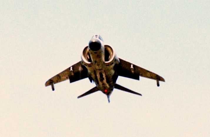 Head-on view of a BAe Sea Harrier, showing the intakes flanking the cockpit.