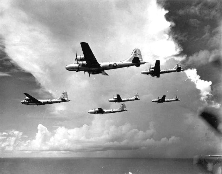 B-29s of the 497th Bomb Group in formation, 1945  massed high-altitude bombing was the types original doctrine.