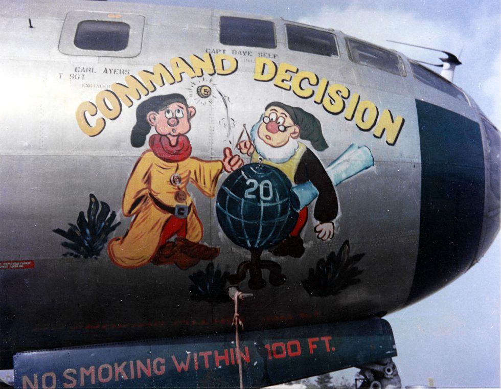 The glazed, pressurised nose of a preserved B-29  where much of the crew worked in shirtsleeves at altitude.