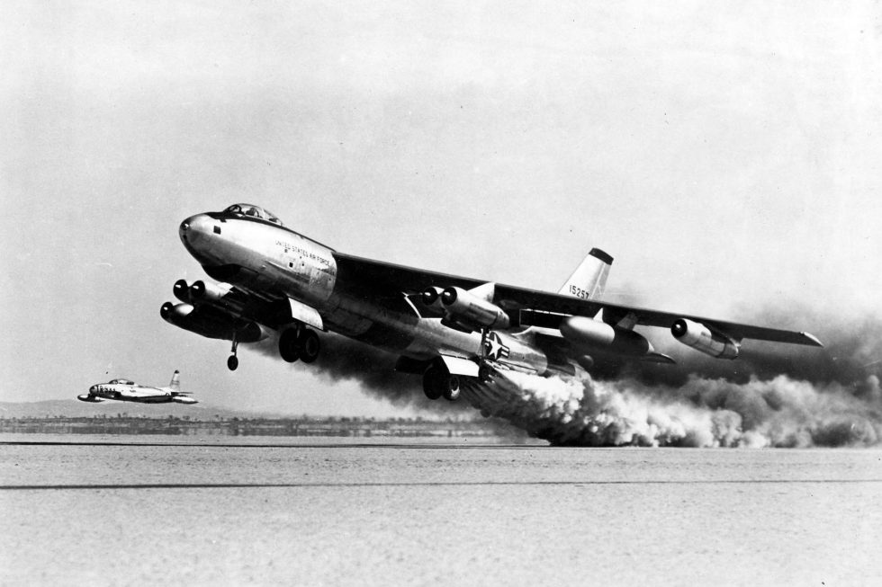 A Boeing B-47E Stratojet in flight  the swept-wing shape that defined the jet age.
