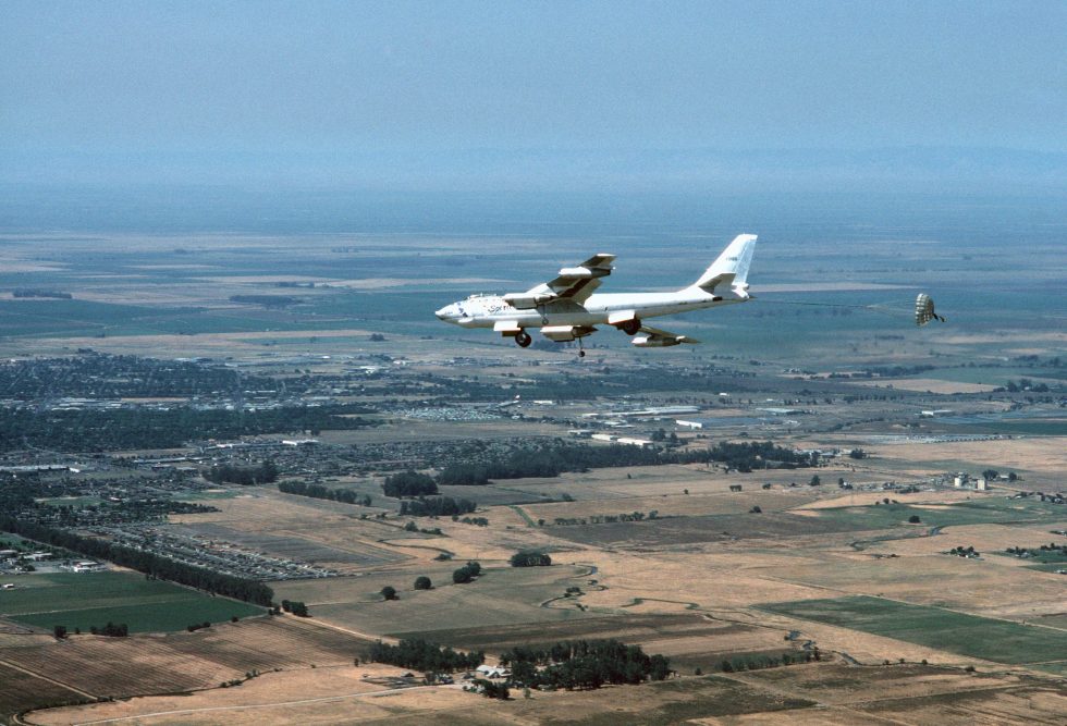 A restored B-47E with gear down and brake chute streamed  how you slow a slippery jet.