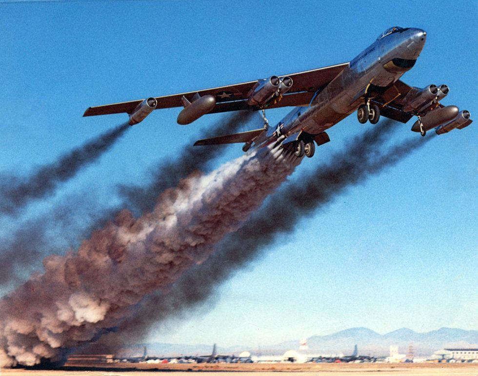 A B-47B on a rocket-assisted (RATO) takeoff in 1954  the Stratojets signature smoke.