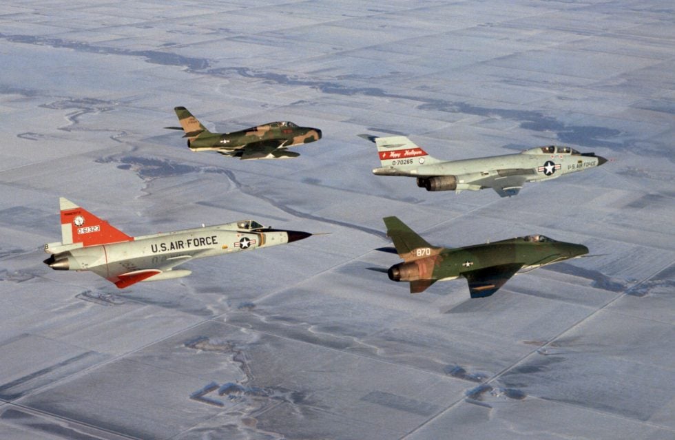A Century-series formation, c.1970: an F-101B flies with an F-100, an F-102 and an F-84F of the Air National Guard.