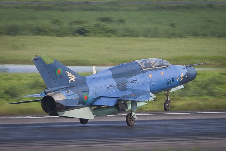 A two-seat FT-7 trainer touching down  the export version of the JJ-7.