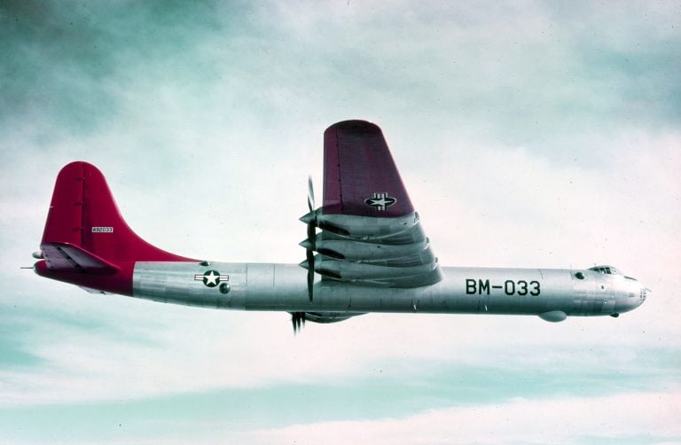 A B-36B of the 7th Bombardment Wing in flight in 1949 the largest bomber of its day.