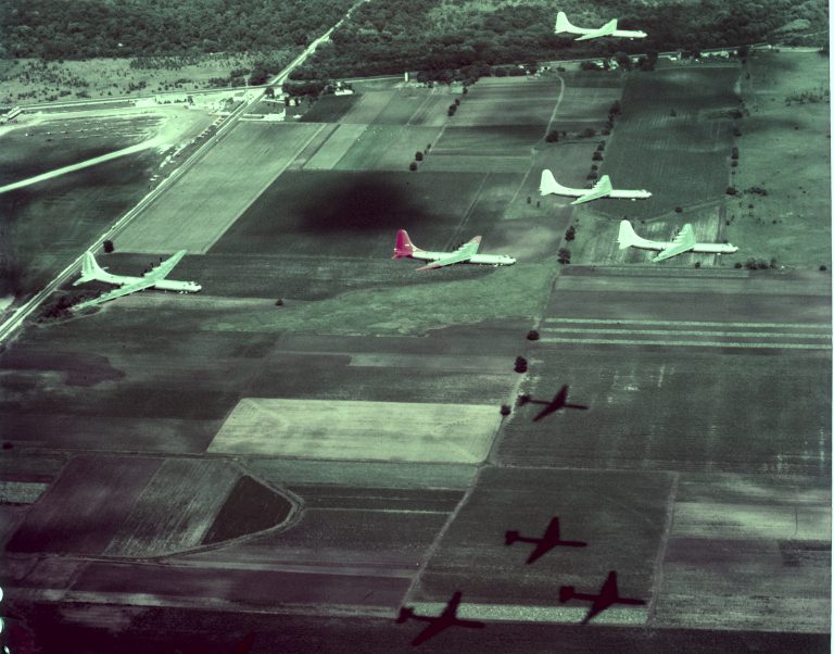 A formation of B-36 Peacemakers aloft in 1949, six radials and four jets each.