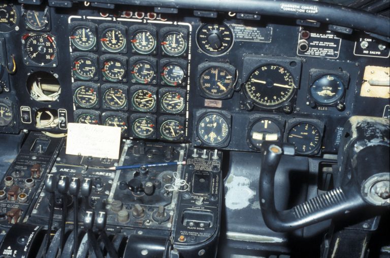 Inside the flight deck of a B-36J the office of a fifteen-strong crew.