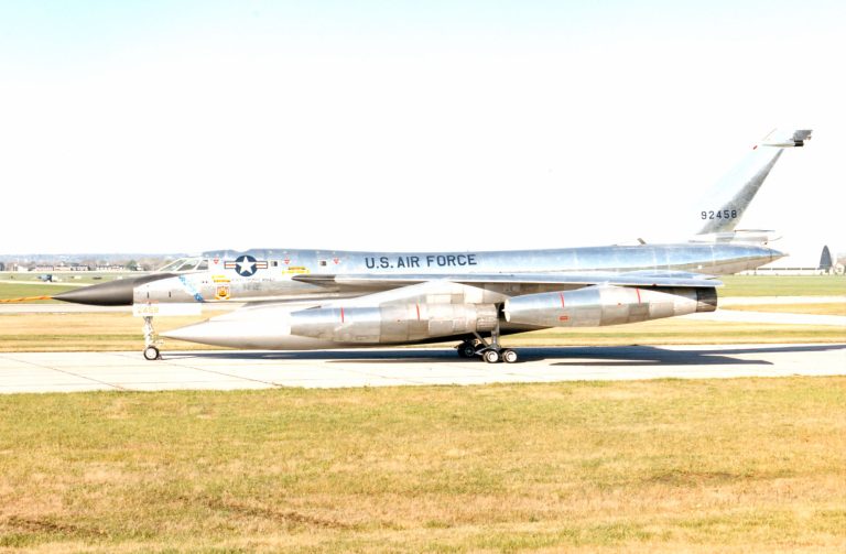 A preserved B-58A Hustler on static display at the National Museum of the U.S. Air Force.
