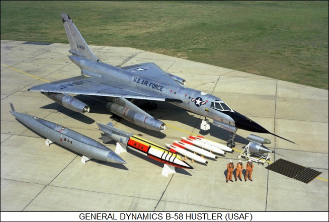A B-58 and its crew with the droppable pod that carried fuel and the nuclear weapon.