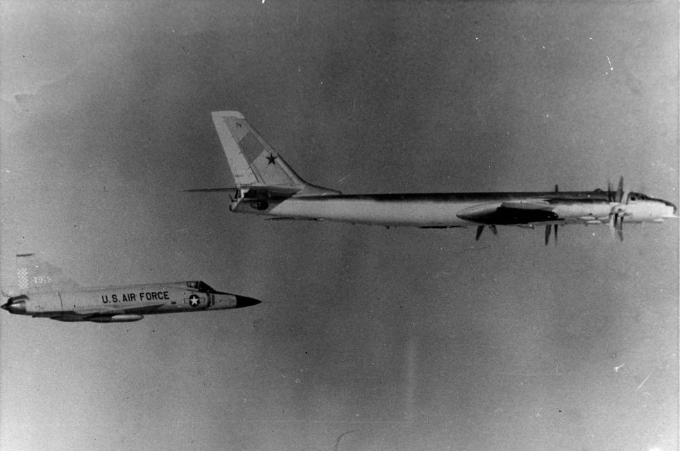 An F-102A shadowing a Soviet bomber the interceptors defining Cold War mission.