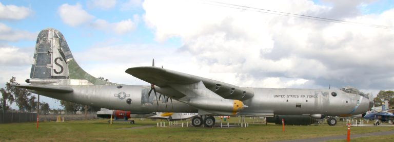 Rear view of a preserved RB-36H showing the six pusher propellers and jet pods.