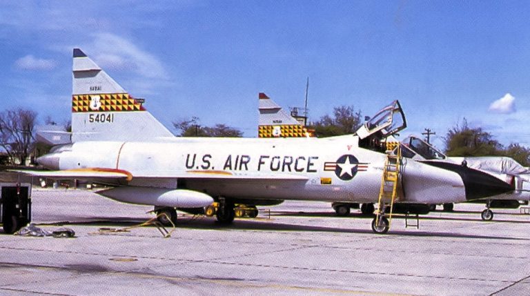 A two-seat TF-102A trainer note the unusual wide, side-by-side cockpit.