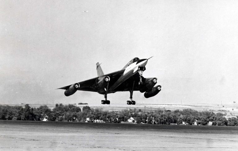 A Convair XB-58 prototype rotating on takeoff at Fort Worth, Texas.