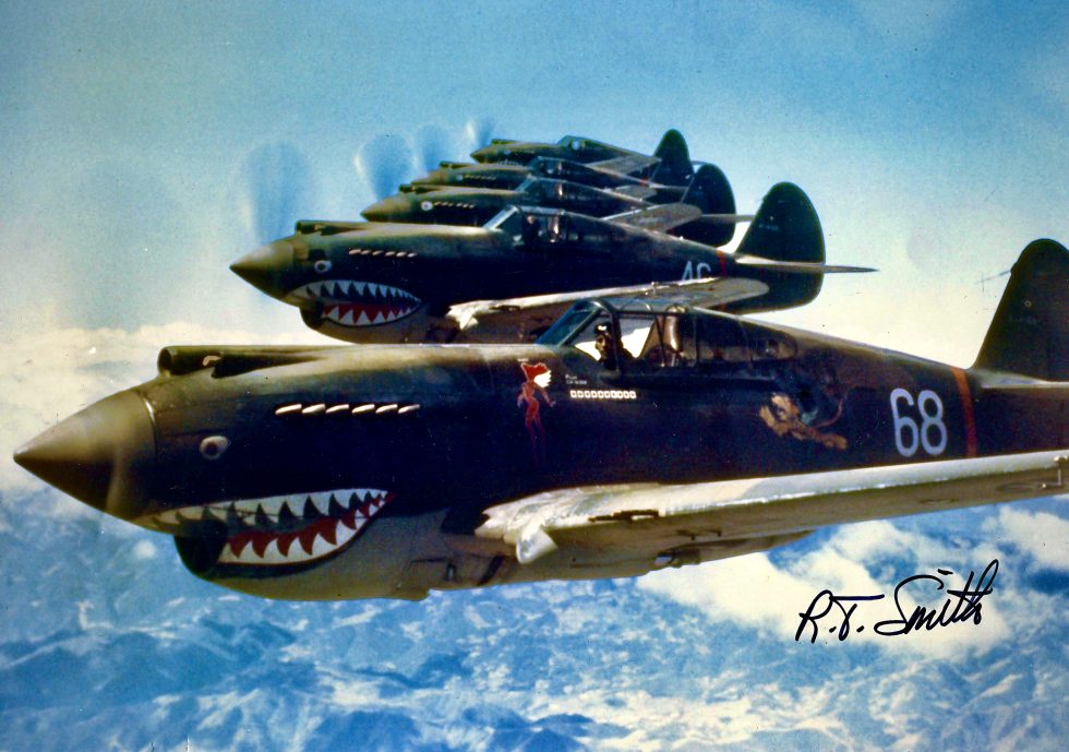 Flying Tigers P-40 Tomahawks with shark-mouth nose art in flight, 1942  the image that made the aircraft famous.