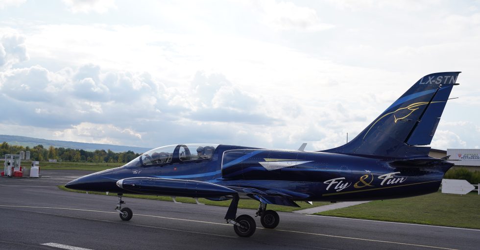 A civilian-registered Alpha Jet in flight  the nimble Franco-German trainer that found a busy second life.