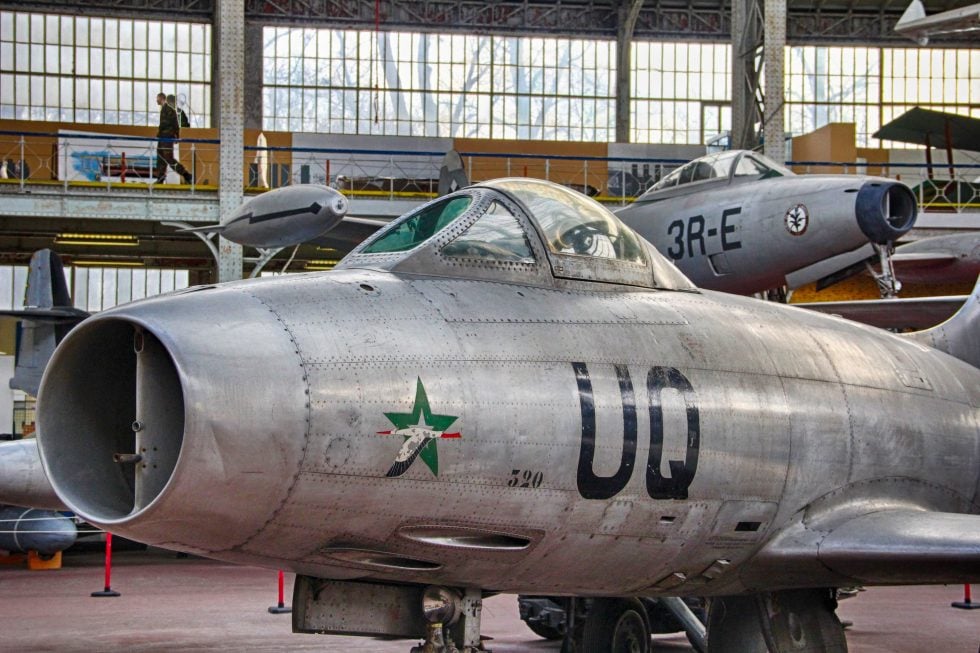 A preserved Ouragan at the Royal Military Museum in Brussels note the straight wing and nose intake.