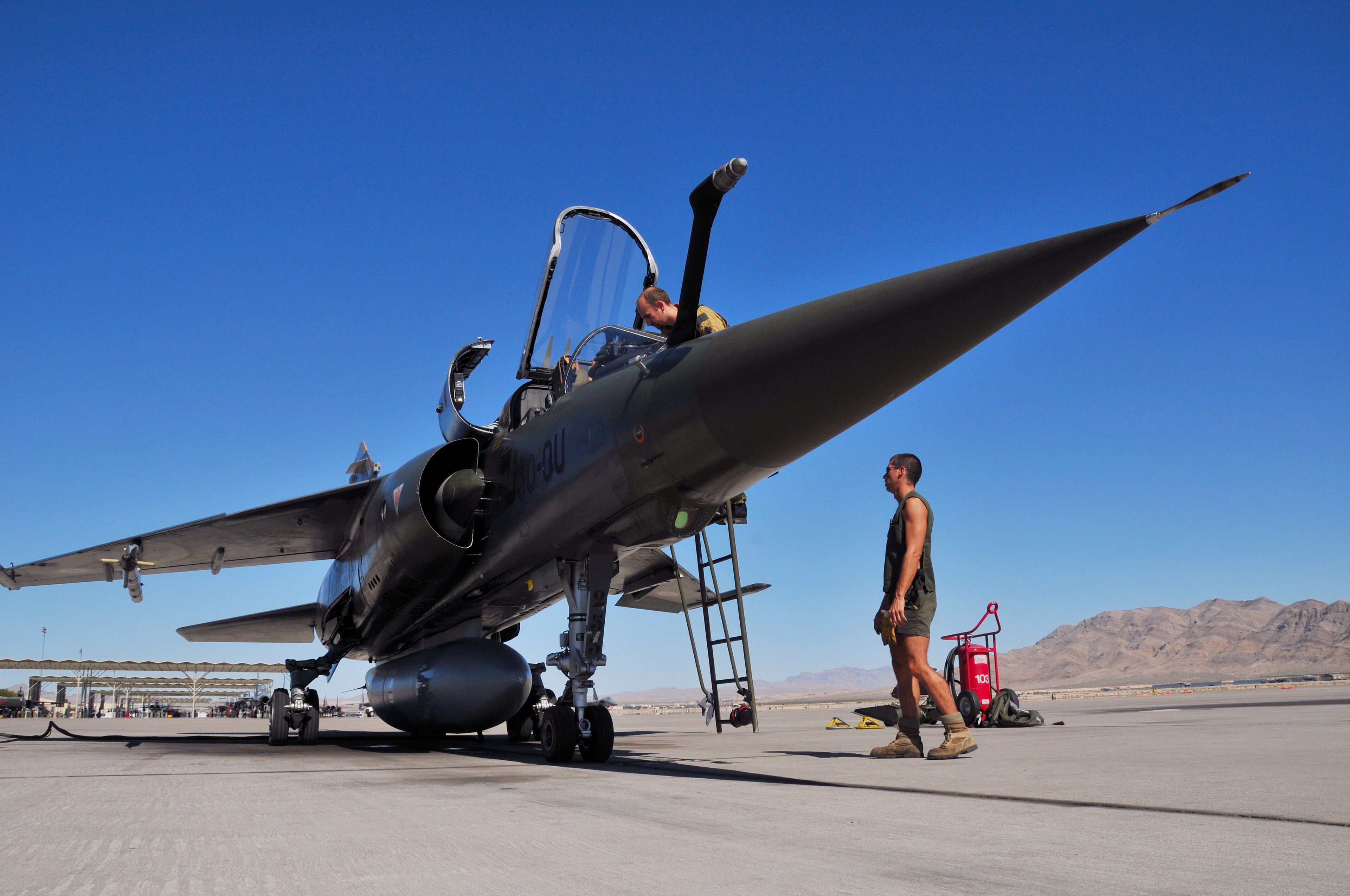 A French Mirage F1 prepared for a Green Flag mission at Nellis AFB, USA.