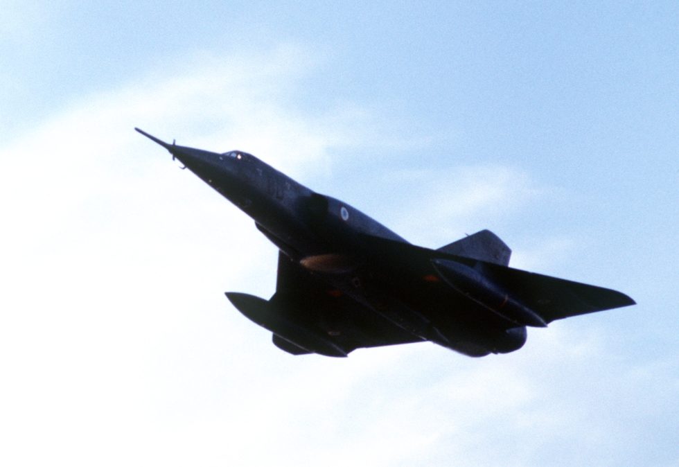 A French Air Force Mirage IV in low-level flight  the penetration profile it adopted against Soviet missiles.